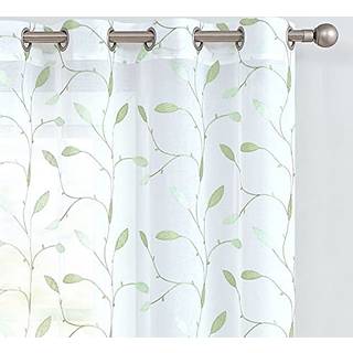 Lazzzy rene gardiner Broderede blomsterblad Voile gardiner til sovev?relset stue Grommet Topvindue behandlinger 2 paneler 84 tommer gr?n p? hvidt