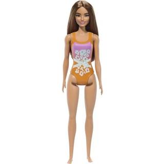 Barbie: Brunette dukke i lyserød-orange badedragt