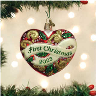 Old World Christmas 2023 First Christmas Heart Glass Blæst Ornament til juletræ