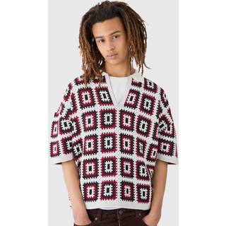 Mens Oversized Boxy Crochet Knit Polo In Black