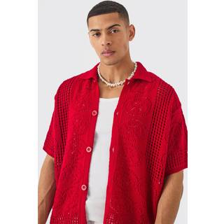 Mens Oversized Boxy Open Stitch Detail Knitted Shirt In Red