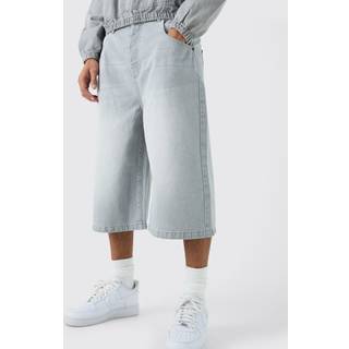 Mens Light Grey Long Line Denim Jorts In Grey Wash