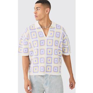 Mens Oversized Boxy Crochet Knit Polo In White
