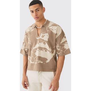 Mens Taupe Oversized Boxy Line Drawing Knitted Polo