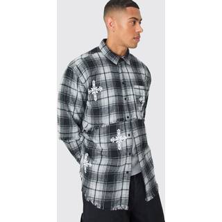 Mens Grey Oversized Layered Print Check Shirt