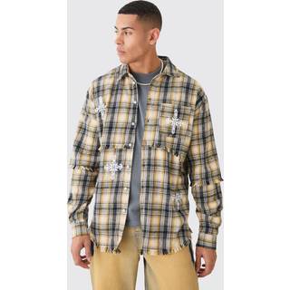 Mens Yellow Oversized Layered Print Check Shirt