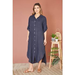 Yumi Yumi Blue Italian 100% Linen Hand Dip Dyed Midi Shirt Dress With Turn Up Sleeves