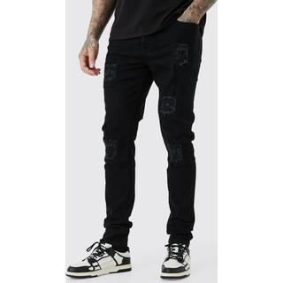 Mens True Black Tall Skinny Stretch Rip And Repair Jeans