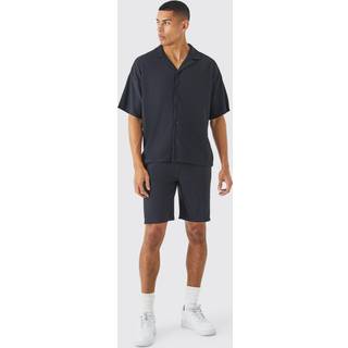 Mens Black Short Sleeve Ribbed Boxy Shirt And Short Set