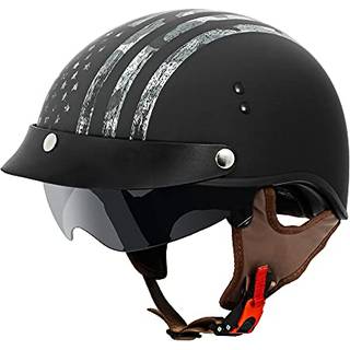 VCAN Cruiser Solid Flat Black Half Face motorcykelhjelm med drop-down solskrm aftagelig top og Quick Release-spnde (Ash Flag X-Large)