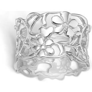 Blossom sølv ring med blomster og 1 stk diamant 0,01 ct., bred model rhod. - Str. 56
