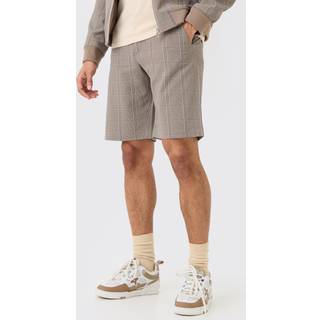 Mens Brown Stretch Textured Check Fixed Waist Shorts