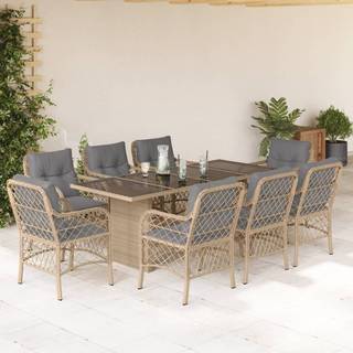 Spisebordssæt Til Haven 9 Dele Med Hynder Polyrattan Sort - 8 / Blandet beige / Glas