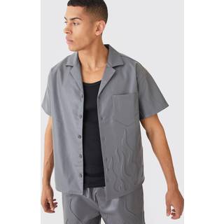 Mens Charcoal Short Sleeve Drop Revere Boxy Pu Embossed Shirt