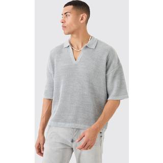 Mens Light Grey Boxy Short Sleeve Ribbed Knit Polo