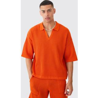 Mens Orange Boxy Short Sleeve Ribbed Knit Polo
