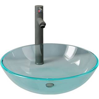 håndvask til badeværelse m. hane og bundventil hærdet glas klar