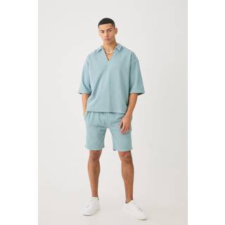 Mens Slate Blue Oversized Boxy Half Sleeve V Neck Polo And Short