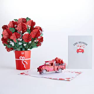 LovePop Red Rose Bouquet Love Delivery Pop Up Card 5x7 inches 3d Valentines Day Gavegaver til kone Jubil?umskort Papirblomster levering med kort
