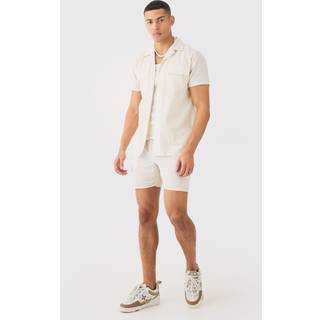 Mens Natural Short Sleeve Linen Blend Cargo Shirt & Short Set