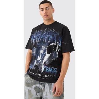 Mens Black Oversized Over Seams Gothic Dove Graphic T-shirt