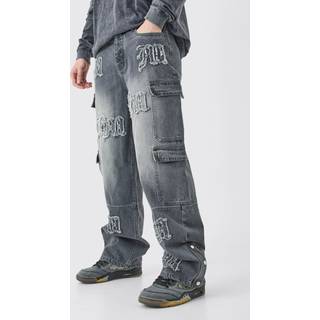Mens Grey Tall Baggy Rigid Bm Applique Multi Pocket Cargo Jeans