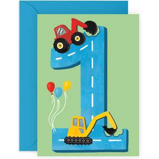Central 23 f?rste f?dselsdagskort til drenge - glad 1. f?dselsdag - alder 1 - et ?r gammel - traktorer lyk?nskningskort - sjovt konstruktionsk?re