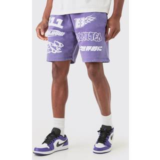 Mens Purple Relaxed Moto Puff Print Washed Shorts