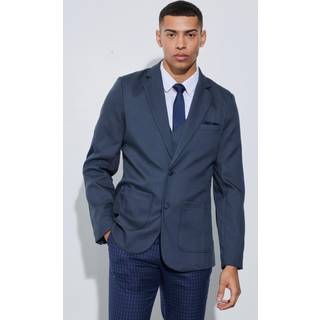 Mens Navy Textured Elbow Patch Slim Fit Blazer