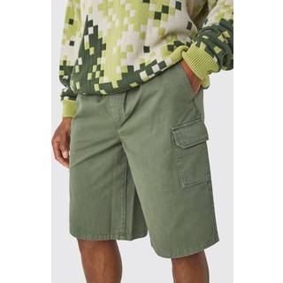 Mens Khaki Longer Length Relaxed Fit Elasticated Waist Cargo Shorts
