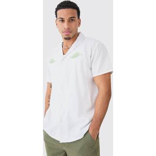 Mens White Oversized Linen Look Leaf Embroidered Shirt