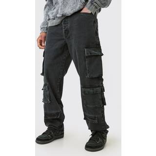 Mens Charcoal Tall Relaxed Fit Acid Wash Cargo Jeans