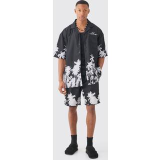 Mens Black Soft Twill Palm Hem Oversized Boxy Shirt & Short