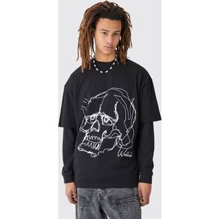 Mens Black Oversized Boxy Extended Neck Skull Line Drawing T-shirt