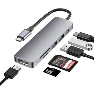 NÖRDIC 1 til 6 USB C aluminium dockingstation 1xHDMI 4K 30Hz  1xUSB-A 3.0 1xUSB-A 2.0 5Gbps 1xUSB C PD87W 1xSD/TF kortlæser