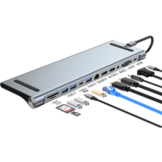 NÖRDIC 1 til 12 USB-C dockingstation til tredobbelte skærme 2xHDMI 4K30Hz, 1xVGA, USB-C PD 100W, Thunderbolt 3 & 4