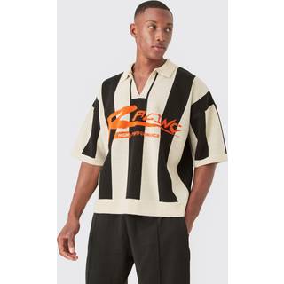 Mens Black Boxy Moto Stripe Knitted Polo