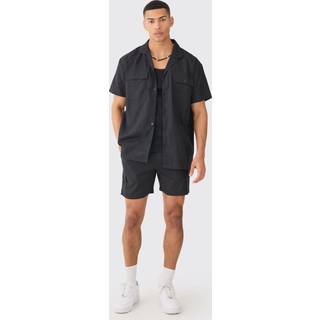 Mens Black Short Sleeve Linen Blend Cargo Shirt & Short