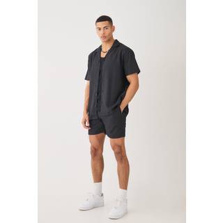 Mens Black Short Sleeve Oversized Linen Blend Shirt & Short