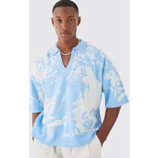 Mens Light Blue Boxy Oversized Renaissance Graphic Knit Polo