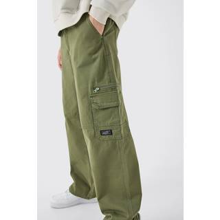 Mens Khaki Fixed Waist Relaxed Cargo Trousers With Woven Tab