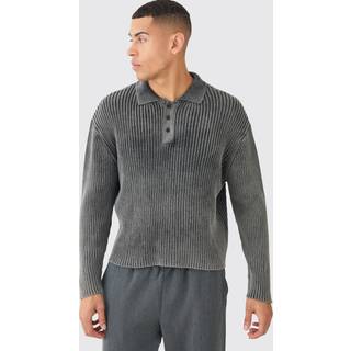 Mens Oversized Boxy Acid Wash Ribbed Knit Polo In Black