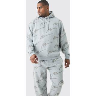 Mens Grey Marl Plus Man Signature All Over Print Hoodie Tracksuit