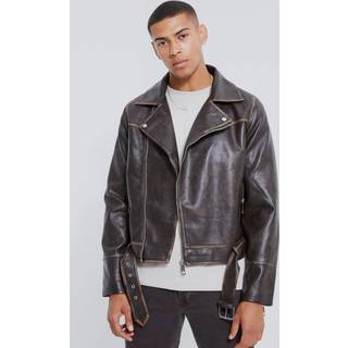 Mens Brown Boxy Vintage Pu Biker Jacket