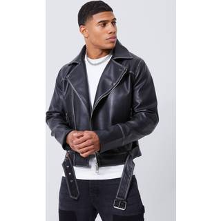 Mens Black Boxy Vintage Pu Biker Jacket