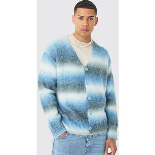 Mens Blue Boxy Fit Knitted Brushed Stripe Cardigan