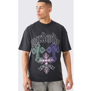 Mens Black Oversized Gothic Cross Print T-shirt