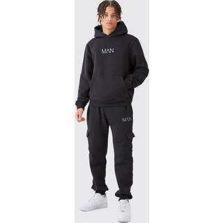 Mens Black Regular Fit Man Hooded Cargo Tracksuit