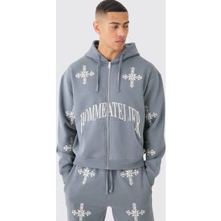 Mens Charcoal Oversized Boxy Zip Through Homme Cross Embroidered Hoodie