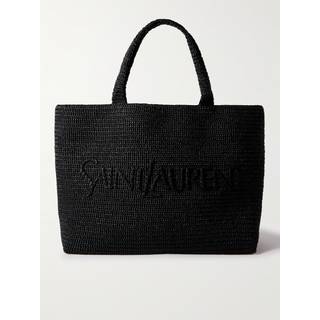 Saint Laurent Logo embroidered raffia tote bag - black - One Size